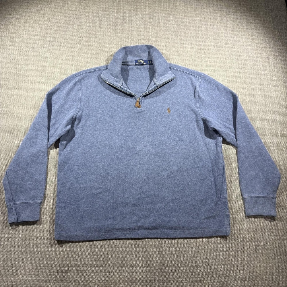 Polo Ralph Lauren Sweater Mens Medium Blue 1/4 Zip Mock Neck Knit Pullover Logo